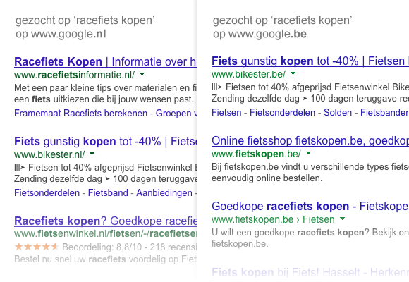 De top 3 resultaten voor zoekterm 'racefiets kopen' op google.nl (links) en google.be (rechts)
